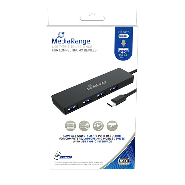 MediaRange USB HUB Type-C™ na USB 3.0 4- port, crni