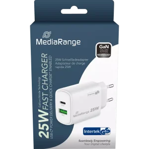 MediaRange zidni adapter za brzo punjenje, 25W (EU-utikač), 2 x USB (USB-A + USB-C), bijeli, MRMA112