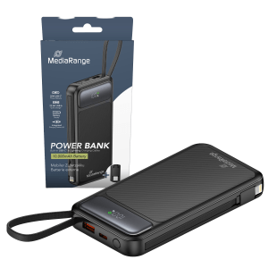 MediaRange powerbank kapaciteta 10.000 mAh s integriranim kabelima za punjenje i LC zaslonom, s podrškom za USB-C Power Delivery i Quick Charge, crna, MRMA753