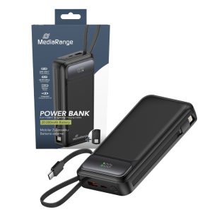 MediaRange powerbank kapaciteta 20.000 mAh s integriranim kabelima za punjenje i LC zaslonom, s podrškom za USB-C Power Delivery i Quick Charge, crna , MRMA756