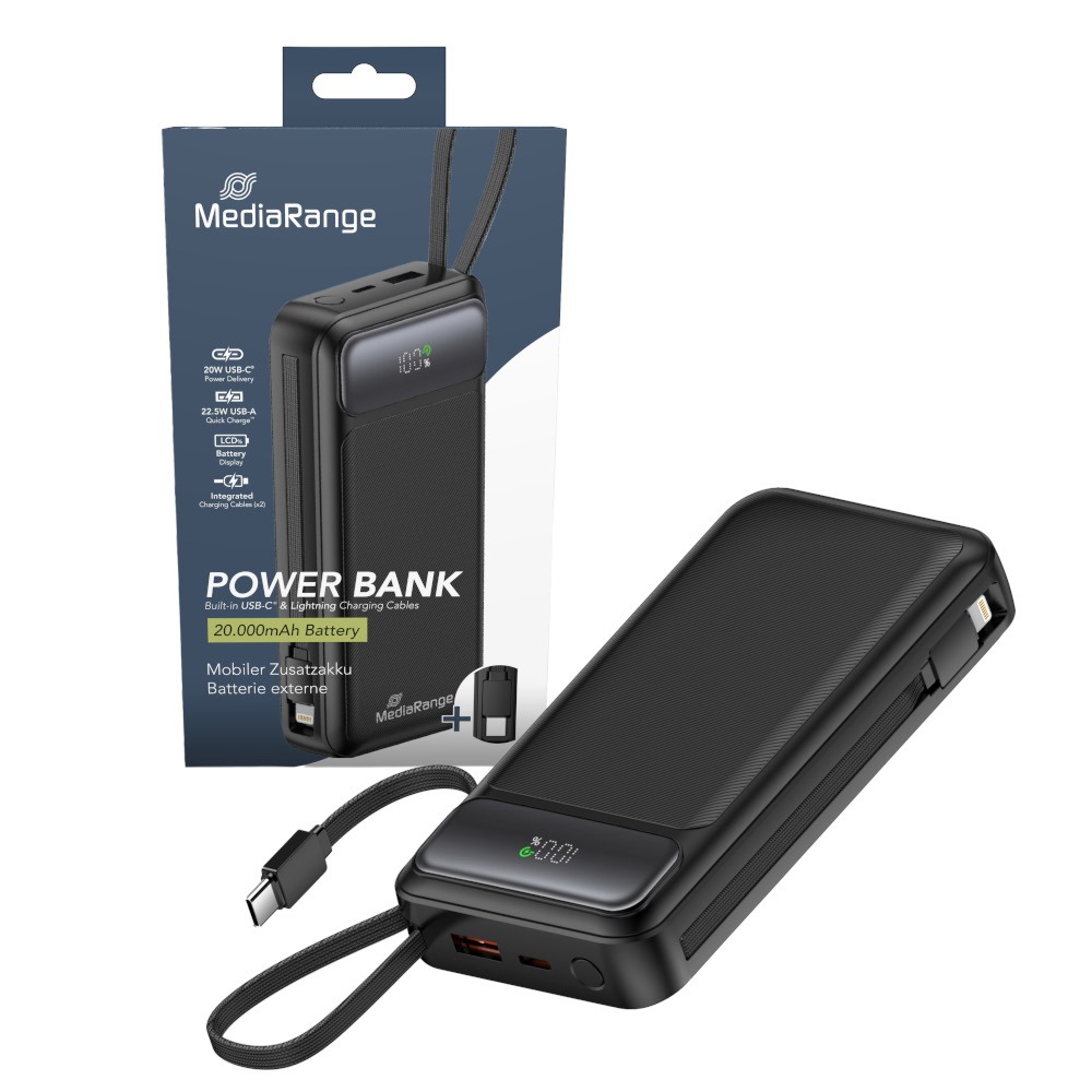 MediaRange powerbank kapaciteta 20.000 mAh s integriranim kabelima za punjenje i LC zaslonom, s podrškom za USB-C Power Delivery i Quick Charge, crna , MRMA756