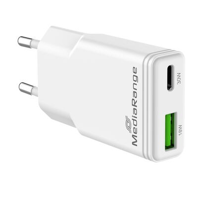 MediaRange GaN adapter za brzo punjenje od 30 W (EU utikač), 1 × USB-C i 1 × USB-A, s podrškom za USB-C Power Delivery i Quick Charge, bijeli, MRMA125 - Slika 2