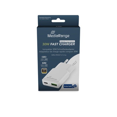 MediaRange GaN adapter za brzo punjenje od 30 W (EU utikač), 1 × USB-C i 1 × USB-A, s podrškom za USB-C Power Delivery i Quick Charge, bijeli, MRMA125